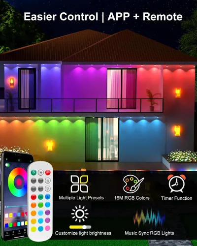 Vista 2 de Luces permanentes para exteriores para casa, luces LED inteligentes RGB de 50 pies con aplicación y control remoto, IP67 impermeable