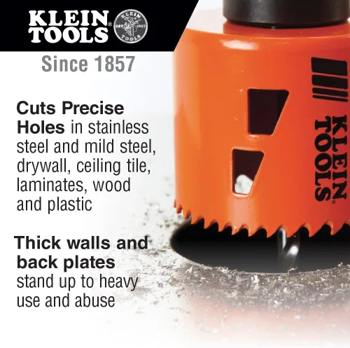 Vista 2 de Klein Tools 31902 Kit de sierra de agujero bimetálica con puntas de eje para cortar acero, paneles de yeso, azulejos de techo, madera, plástico, 8
