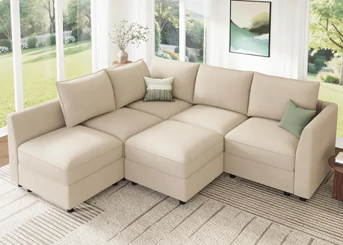 Vista 11 de HONBAY Sofá seccional modular con almacenamiento en forma de L sofá seccional, sofás convertibles para sala de estar - verde