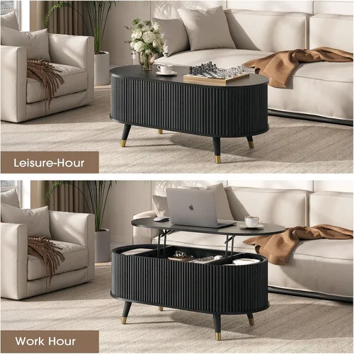 Vista 4 de Mesa auxiliar ovalada con almacenamiento, mesa de centro acanalada de 42.5 pulgadas con parte superior de elevación y patas de madera maciza, mesa