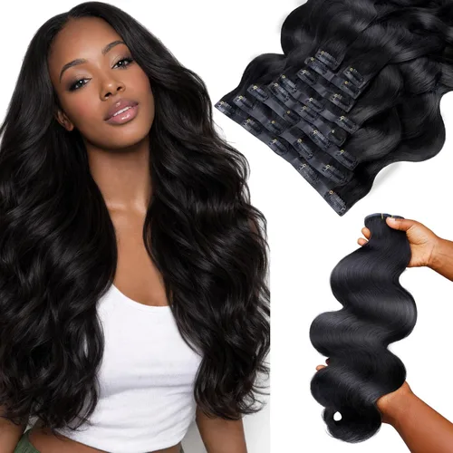 Vista 69 de Lashey Extensiones de cabello humano con clip, sin costuras, #1, color negro azabache, extensiones de cabello humano real, extensiones de cabello