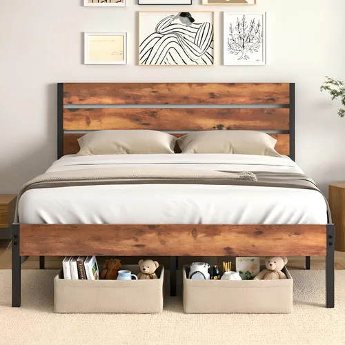 Vista 15 de VECELO Base de cama tamaño individual, plataforma de metal resistente con cabecera de madera, no necesita somier, color marrón antiguo