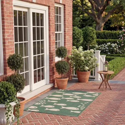 Vista 30 de SAFAVIEH Alfombra lavable para exteriores, colección Patio de 2.3 x 12 pies, color azul y beige, no desprende pelusa y fácil de limpiar, ideal