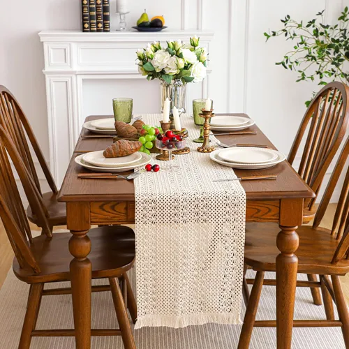 Vista 16 de Simple&Opulence - Camino de mesa de macramé estilo bohemio - 12 x 60 pulgadas, camino de mesa de algodón estilo granja con bordes trenzados