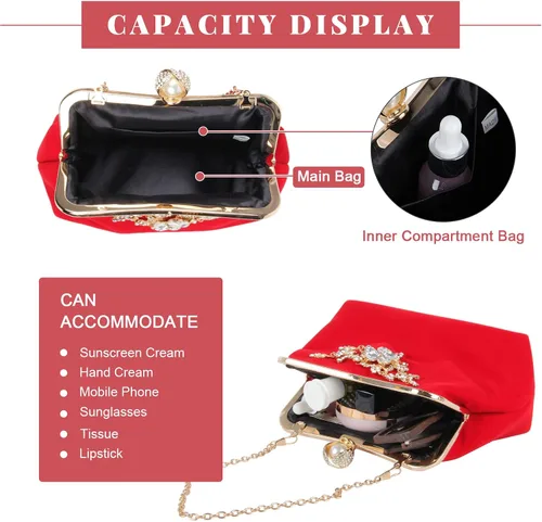 Vista 4 de LUI SUI Bolso de mano de terciopelo con flores para mujer bolso de hombro de cristal bolso de mano de boda para banquetes de graduación