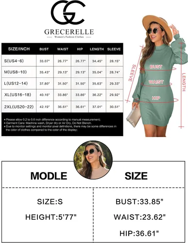 Vista 7 de GRECERELLE Women's Mock Neck Ribbed Long Sleeve Bodycon Pullover Cute Mini Sweater Dress