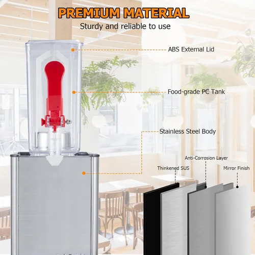Vista 3 de Towallmark 1 Tanks Dispensador de jugo comercial de 2.64 galones de 10 litros, 10 litros por tanque, dispensador de bebidas de té helado de acero