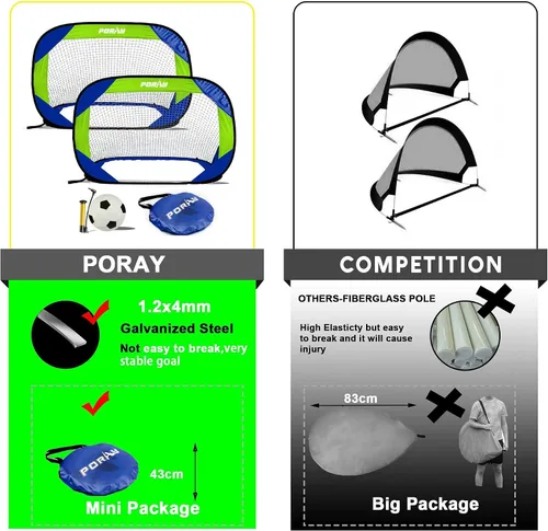 Vista 5 de Porayhut Juegos de portería de fútbol y pelotas desplegables para entrenamiento, juego de 2, fácil montaje con bolsa de transporte compacta, regalo