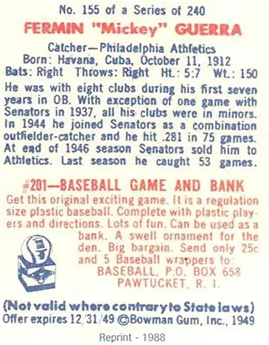 Vista 2 de 1988 Card Collector's 1949 Bowman Reprint Baseball #155 Fermin Guerra Philadelphia Athletics Official REPLICA Trading Card of the Iconic 1949 Bowman