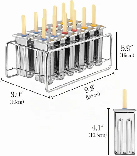 Vista 2 de Paquete de 12 moldes de paletas de acero inoxidable, moldes caseros para paletas de hielo con soporte, máquina reutilizable de cabeza plana