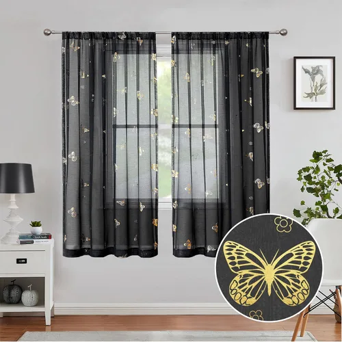 Vista 2 de Jubilantex Paneles de cortinas transparentes de mariposas negras y doradas de 52 pulgadas de ancho para dormitorio de niñas, elegantes cortinas