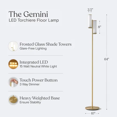 Vista 7 de Brightech Gemini - Lámpara de pie regulable con dos luces, moderna lámpara de árbol alto para dormitorio, oficina, sala de estar, oro/latón