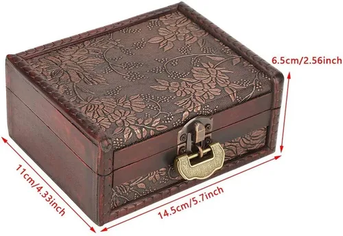 Vista 4 de Caja del tesoro, caja de almacenamiento de joyería de madera vintage con cerradura de metal, caja de regalo retro hecha a mano para almacenar
