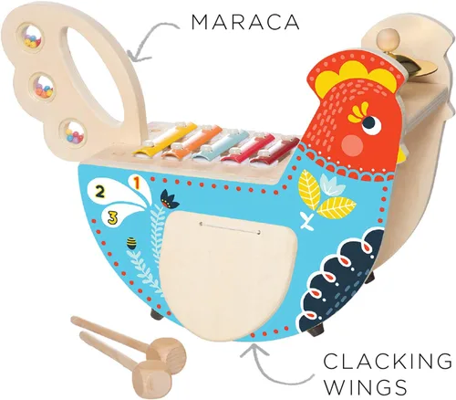 Vista 3 de Manhattan Toy Pollo Musical Instrumento de Madera para Niños Pequeños con Xilófono, Baquetas, Platillo y Maraca, Azul