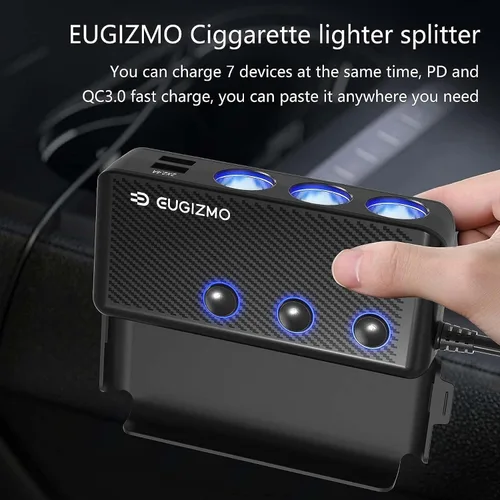 Vista 2 de Eugizmo - Divisor de encendedor de cigarrillos 7 en 1, adaptador de cargador de 3 zócalos de 200 W 12V/24V Plug Extension Cord PD 30W USB Power