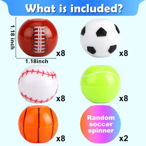Vista 2 de Paquete de 42 recuerdos de fiesta deportiva, mini fidget spinner, juguetes de pelota deportiva para niños, juguetes de fútbol y béisbol para niños