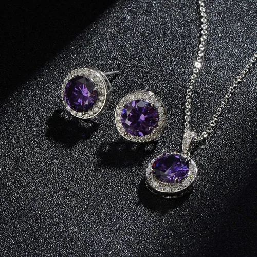 Vista 5 de Juego de joyas de cristal para novia, plata de ley, circonita cúbica redonda, circonita cúbica, diamantes de imitación, halo de piedra natal, collar