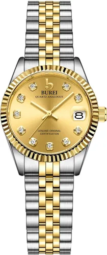 Vista 12 de BUREI Reloj de negocios para mujer con fecha de día, movimiento de cuarzo analógico, pulsera de acero inoxidable de oro plateado, reloj de moda