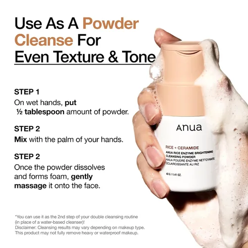 Vista 4 de ANUA Polvo de limpieza iluminador con enzimas de arroz, mascarilla de arroz, ceramida, lavado facial suave para piel radiante, limpiador facial