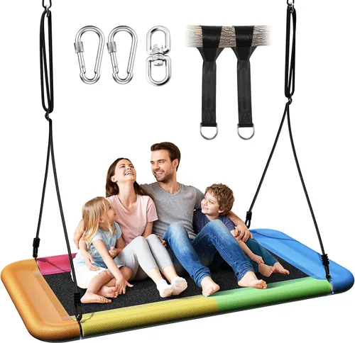 Vista 8 de Everyfun Columpio de árbol para niños y adultos, columpio de plataforma rectangular impermeable de 60 pulgadas, 700 libras resistente con correas