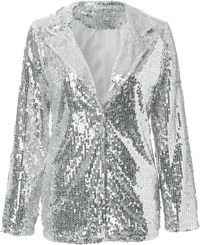 Vista 5 de Women Sequins Jackets Open Front Blazer Jacket Trendy Long Sleeve Sparkly Glitter Cardigan Suit Coat with Pockets