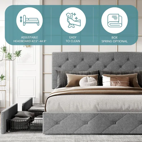 Vista 7 de HOOMIC Base de cama de almacenamiento de plataforma de tamaño matrimonial con 4 cajones y cabecera ajustable, listones de madera, no necesita Gris