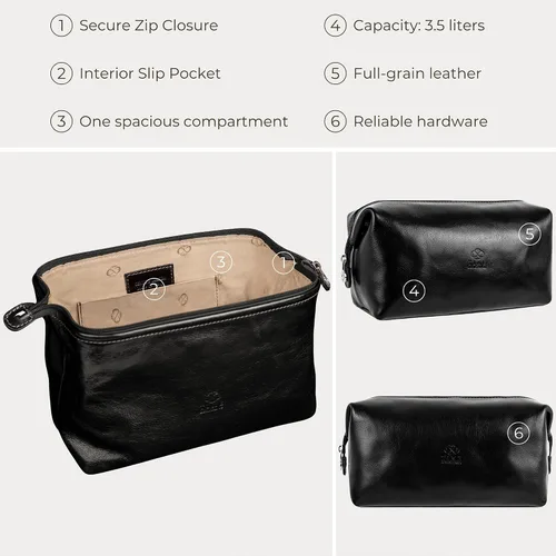 Vista 6 de Time Resistance Bolsa de Aseo de Cuero Estuche de Cosméticos Kit Dopp Elegante Italiano, Negro, Classic