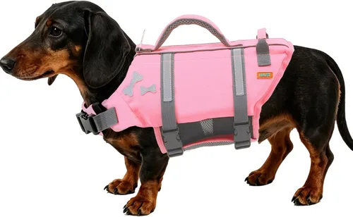 Vista 23 de EMUST Chalecos salvavidas para perros, chaleco flotante para canotaje con 2 Brillante rosa