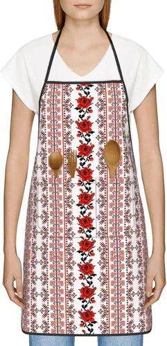 Vista 2 de Delantal de chef para hombres y mujeres, estilo bordado ucraniano, color rosa, delantales unisex con cintura ajustable para cocinar, jardinería