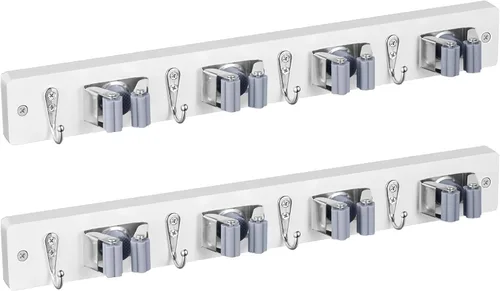 Vista 17 de Paquete de 2 Soportes Negros para Escoba y Trapeador de Montaje en Pared - Colgador de Escoba y Trapeador de Madera - Organizador de Estante