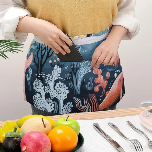 Vista 3 de Server Aprons with 3 Pockets Waist Apron Waterproof Half Apron Short Cooking Aprons Bib