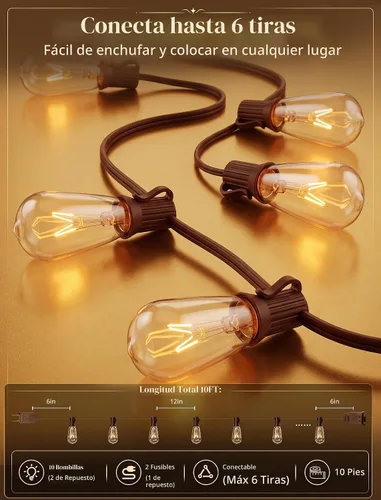 Vista 2 de GOOTHY - Juego de luces de cadena para exteriores de 10 pies con 11 bombillas Edison transparentes (1 de repuesto) - Base C9/E17, luces de patio