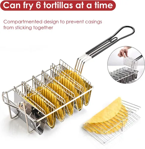 Vista 2 de Cesta para freidora de tacos, freidora de tacos, 6 conchas con mango desmontable, fabricante de conchas de tacos para hornear freidora de aire