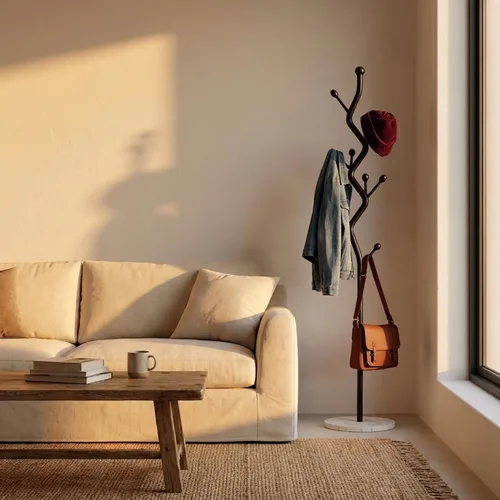 Vista 12 de Moderno perchero de metal con forma de árbol, árbol de pasillo de metal independiente con base de mármol resistente, organizador de entrada