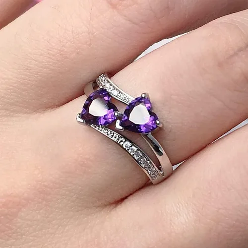 Vista 2 de Emsione Anillo de promesa de boda con topacio azul y blanco, chapado en plata de ley 925, con doble corazón