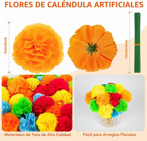 Vista 2 de Labeol 50 piezas de flores de caléndula artificiales, cabezas de flores de caléndula a granel, decoración mexicana, guirnalda de caléndula de seda
