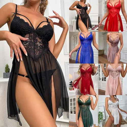 Vista 9 de Lencería sexy para mujer, bata de encaje transparente, lencería con dobladillo dividido, lencería y tanga para sexo, juego travieso, día de San