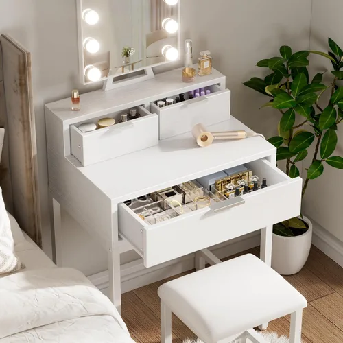 Vista 8 de BOLUO - Escritorio de maquillaje blanco con espejo de Hollywood y luces, juego de tocador para niñas con taburete, mesa de maquillaje compacta