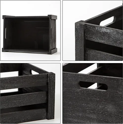 Vista 3 de Cajas grandes clásicas de madera negra para exhibición, conjunto de 3 cajas de madera con asas, cajas de madera hechas a mano estilo rústico