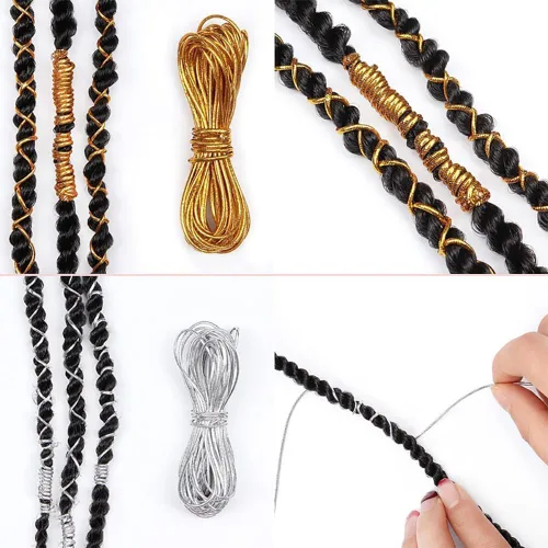 Vista 3 de 4 piezas de cordones elásticos de 16.4 ft, trenzas de rastas, accesorios para el cabello, cinta elástica de oropel metálico, hilo de joyería