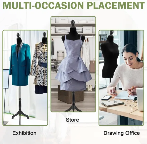 Vista 7 de Professional Adjustable Dress Form Mannequin with Stable Tripod Base Stand - Female Torso for Sewing, Clothing Design, Display & Tailoring Black