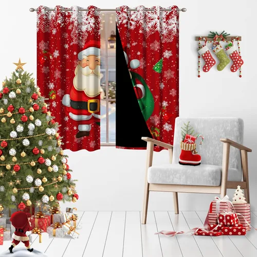 Vista 5 de AWERT Cortinas opacas de Navidad de Papá Noel para sala de estar, juego de 2 paneles de ojales plateados inoxidables, cortinas de ventana
