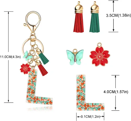 Vista 3 de Llavero de letras iniciales del alfabeto de flores de moda, doble borla, colgante de flor, llavero para bolso, bolsos de mano para mujeres y niñas