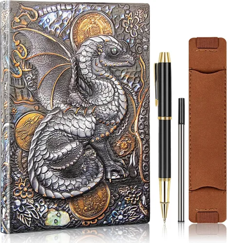 Vista 9 de Cuaderno vintage de piel con relieve 3D de gato, diario de viaje A5 con bolígrafo y recambio de bolígrafo, funda para bolígrafo, bloc de notas