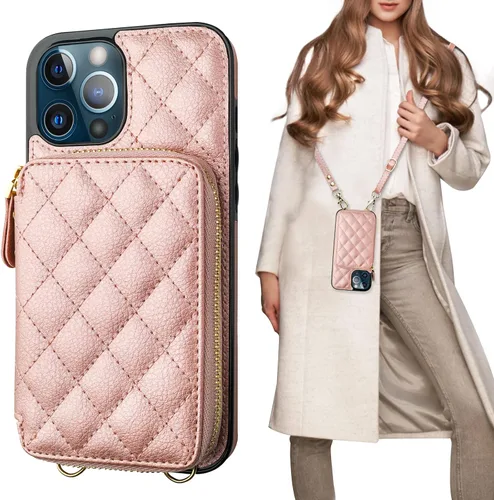 Vista 14 de Bocasal Funda tipo cartera cruzada para iPhone 12 Pro Max, con bloqueo RFID, de piel sintética, con cremallera, funda tipo cartera con función atril