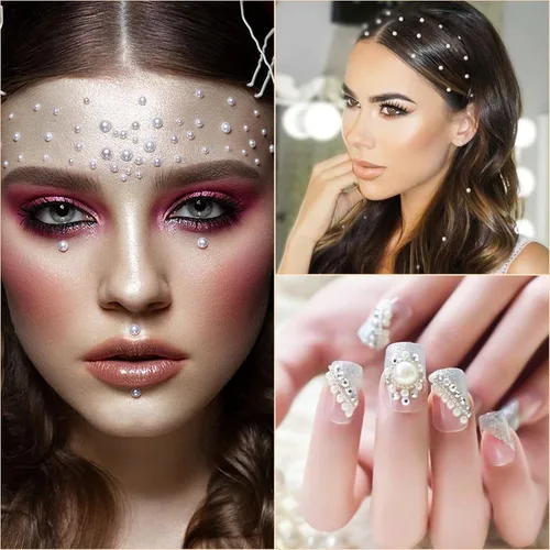 Vista 4 de Nicpro - 2475 calcomanías de perlas autoadhesivas, 4 tamaños, para maquillaje, gemas de perlas blancas, decoración para cara, cuerpo, uñas, cabello