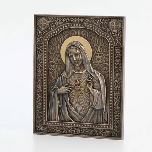 Vista 2 de Veronese Design 7 1/2" Inmaculado Corazón de María Placa de pared Escultura de Resina Acabado Bronce