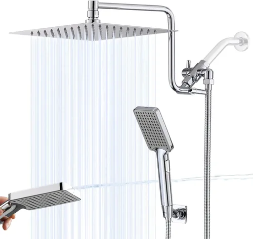 Vista 15 de Cabezal de ducha de 8 pulgadas para California con combo de mano, brazo de extensión de 12 pulgadas de altura ajustable, cabezal de ducha de acero