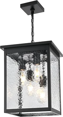 Vista 9 de TODOLUZ Lámpara colgante grande de 3 luces para exteriores, iluminación de porche colgante exterior con vidrio martillado, cadena larga ajustable