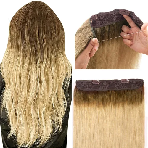 Vista 11 de Tinashe Extensiones de cabello humano real con alambre, lacio, 12 pulgadas, 2.47 onzas, rubio claro, con reflejos rubio dorado, extensiones